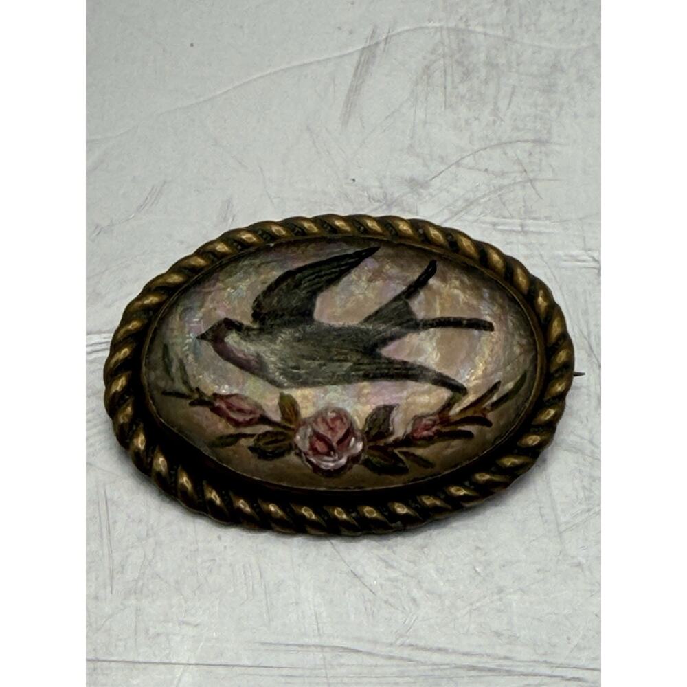 1900's Victorian Reverse Painted Swallow Bird Lapel Pin Brooch Bubble Glass Pink - Picture 9 of 11